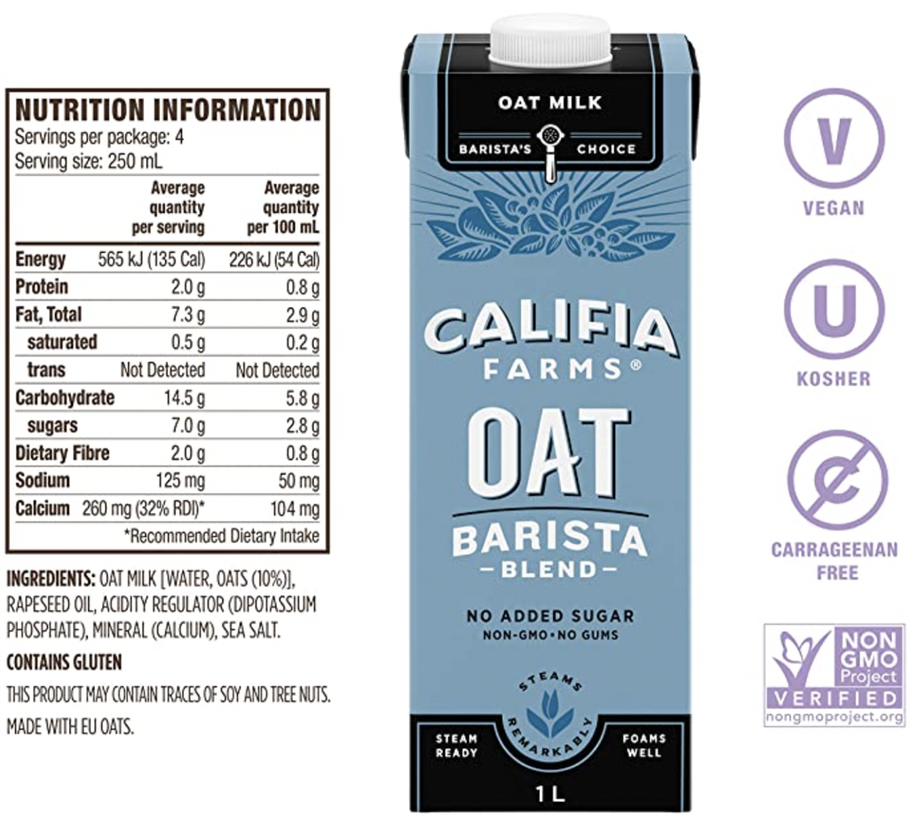 Oat Milk 6 X 1lt Califia Food And Dairy Co